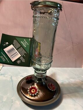 Antique-Style Green Glass and Bronze Hummingbird Feeder